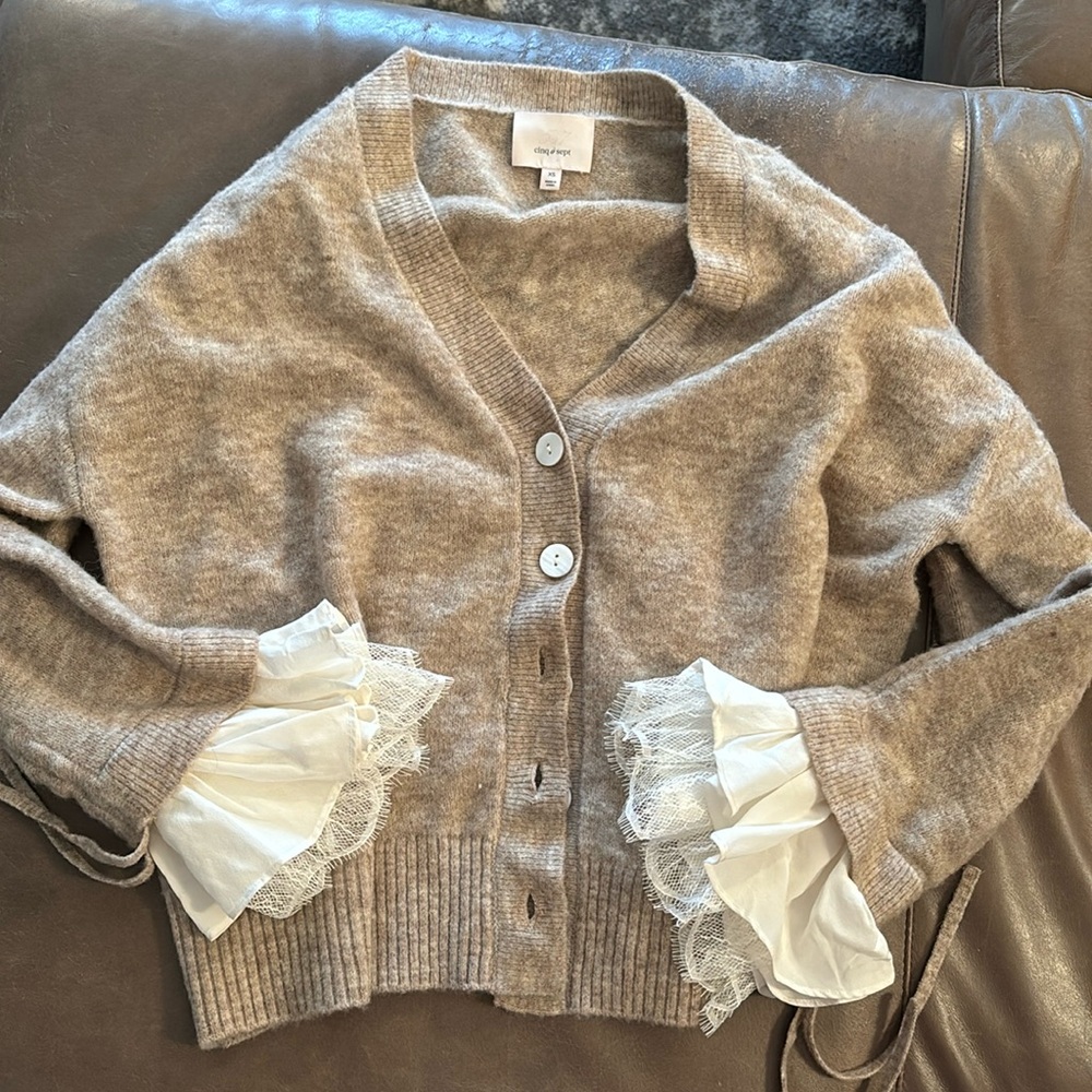 Cinq a sept beige cardigan with ruffle lace sleeve size xs